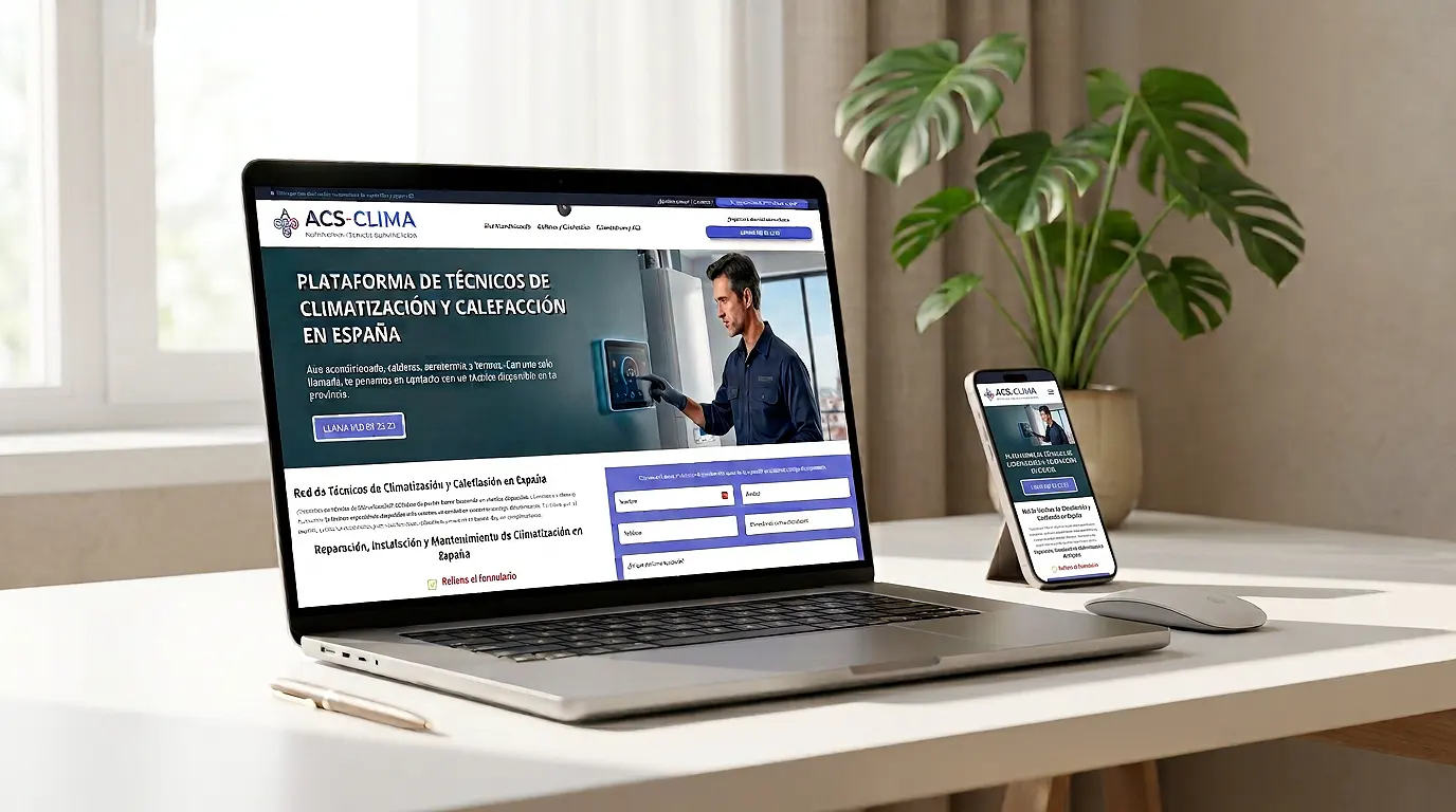 Nueva web de ACS-CLIMA vista en un portátil y un móvil Nueva web de ACS-CLIMA vista en un portátil y un móvil